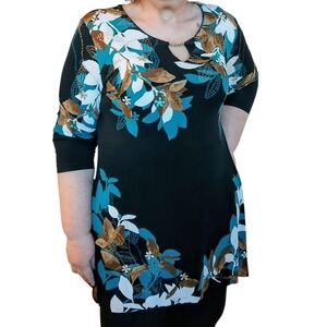 JM Collection Teal and Brown Floral Tunic